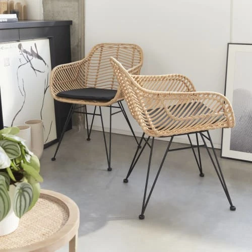 2 fauteuils en rotin naturel et métal, coussins noir Alice's Garden 2 Fauteuils En Rotin Naturel Et Métal, Coussins Noir -Magasin De Chaises 2 fauteuils en rotin naturel et metal coussins noir 2