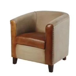 Maisons Du Monde Fauteuils Fauteuil Club En Coton Recyclé Et Cuir Marron