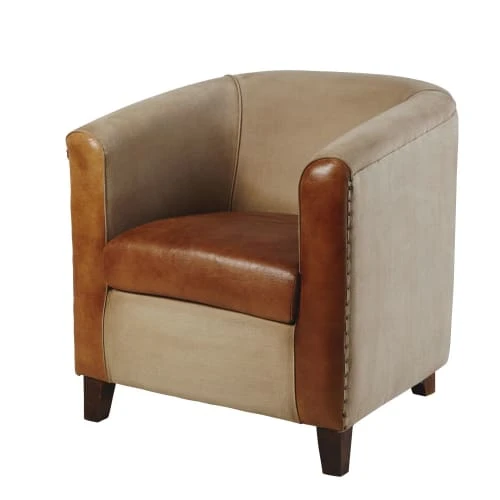 Fauteuil club en coton recyclé et cuir marron Maisons Du Monde Fauteuils Fauteuil Club En Coton Recyclé Et Cuir Marron -Magasin De Chaises fauteuil club en coton recycle et cuir marron 1000 15 7 129895 6
