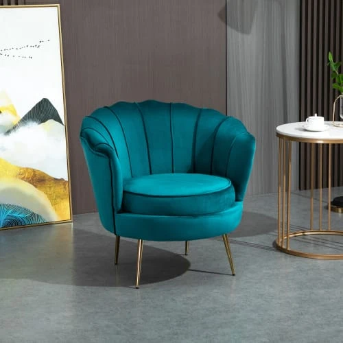 Fauteuil design coquillage pieds dorés effilés velours bleu canard Homcom Fauteuils Fauteuil Design Coquillage Pieds Dorés Effilés Velours Bleu Canard -Magasin De Chaises fauteuil design coquillage pieds dores effiles velours bleu canard 1
