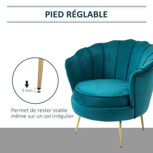 Fauteuil design coquillage pieds dorés effilés velours bleu canard Homcom Fauteuils Fauteuil Design Coquillage Pieds Dorés Effilés Velours Bleu Canard -Magasin De Chaises fauteuil design coquillage pieds dores effiles velours bleu canard 4