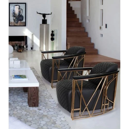 Fauteuil en cuir matelassé noir structure en inox cuivré Now’s Home Fauteuils Fauteuil En Cuir Matelassé Noir Structure En Inox Cuivré -Magasin De Chaises fauteuil en cuir matelasse noir structure en inox cuivre 4