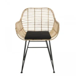 MACABANE Fauteuils Fauteuil En Rotin Naturel Coussin Noir Pieds En Métal