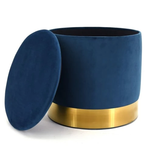 Pouf coffre en velours et métal bleu/or Aubry Gaspard Poufs Pouf Coffre En Velours Et Métal Bleu/or -Magasin De Chaises pouf coffre en velours et metal bleu or 1