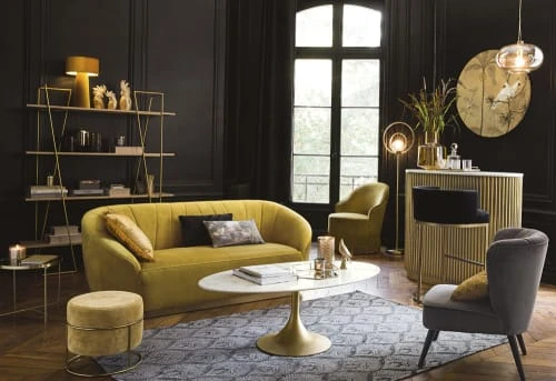 Pouf en velours jaune et métal doré Maisons Du Monde Poufs Pouf En Velours Jaune Et Métal Doré -Magasin De Chaises pouf en velours jaune et metal dore 1000 16 37 202741 3