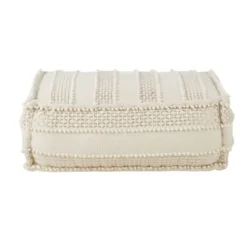 Maisons Du Monde Poufs Pouf Rectangulaire En Coton Blanc Avec Broderies Et Franges