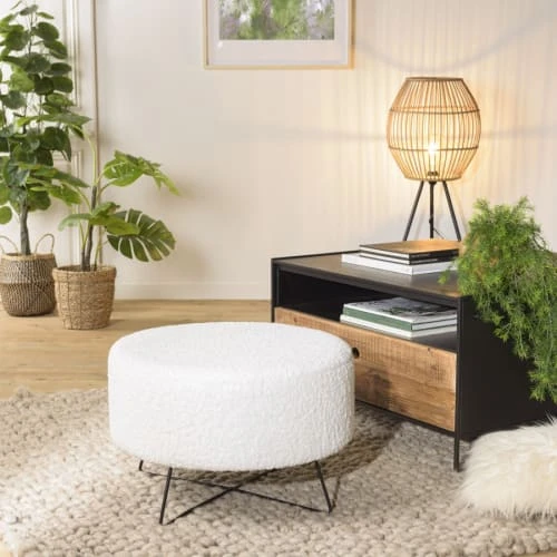 Pouf rond tissu bouclette blanc pieds croisés métal noir MACABANE Poufs Pouf Rond Tissu Bouclette Blanc Pieds Croisés Métal Noir -Magasin De Chaises pouf rond tissu bouclette blanc pieds croises metal noir 1