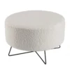 MACABANE Poufs Pouf Rond Tissu Bouclette Blanc Pieds Croisés Métal Noir