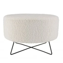 MACABANE Poufs Pouf Rond Tissu Bouclette Blanc Pieds Croisés Métal Noir 2 MACABANE Poufs Pouf Rond Tissu Bouclette Blanc Pieds Croisés Métal Noir -Magasin De Chaises pouf rond tissu bouclette blanc pieds croises metal noir 2