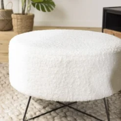 MACABANE Poufs Pouf Rond Tissu Bouclette Blanc Pieds Croisés Métal Noir 3 MACABANE Poufs Pouf Rond Tissu Bouclette Blanc Pieds Croisés Métal Noir -Magasin De Chaises pouf rond tissu bouclette blanc pieds croises metal noir 3