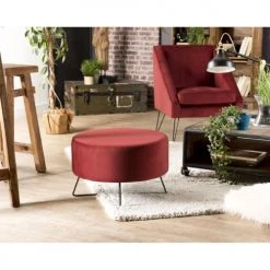 MACABANE Poufs Pouf Rond Tissu Velours Bordeaux Pieds Métal -Magasin De Chaises pouf rond tissu velours bordeaux pieds metal 5